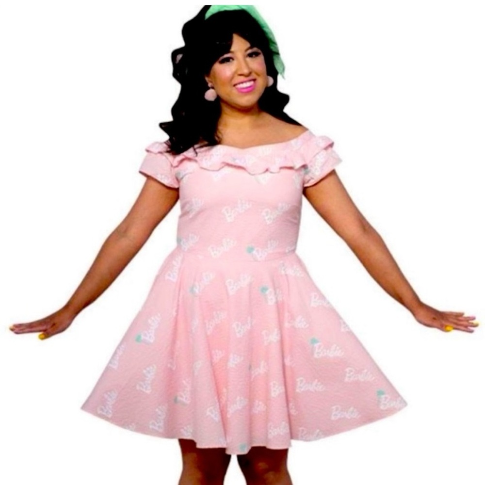 Barbie Pink Ruffled Off-Shoulder Mini Dress